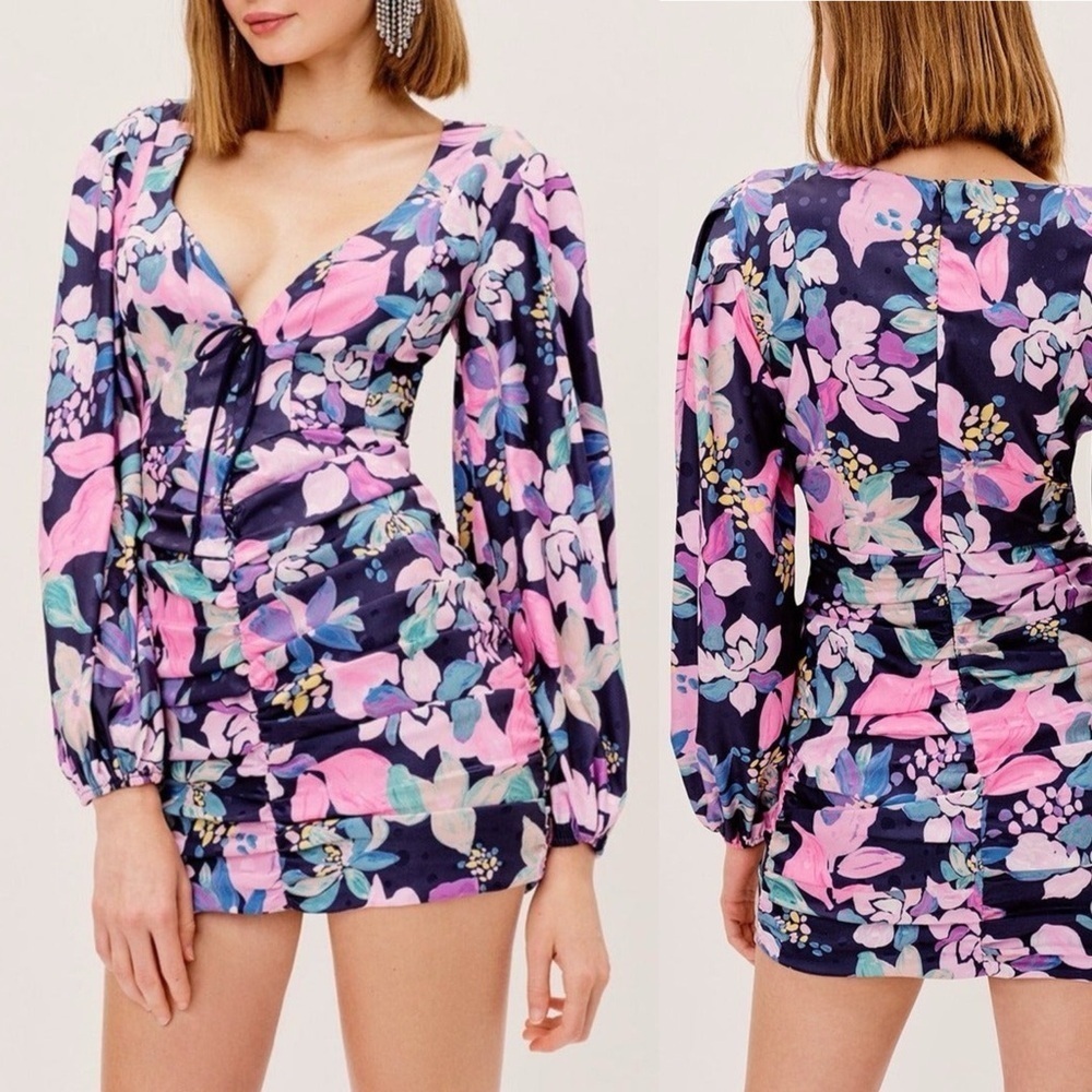 For Love & Lemons Navy Wyatt Floral Mini Dress Flowers V Neck Bow Size XS Short